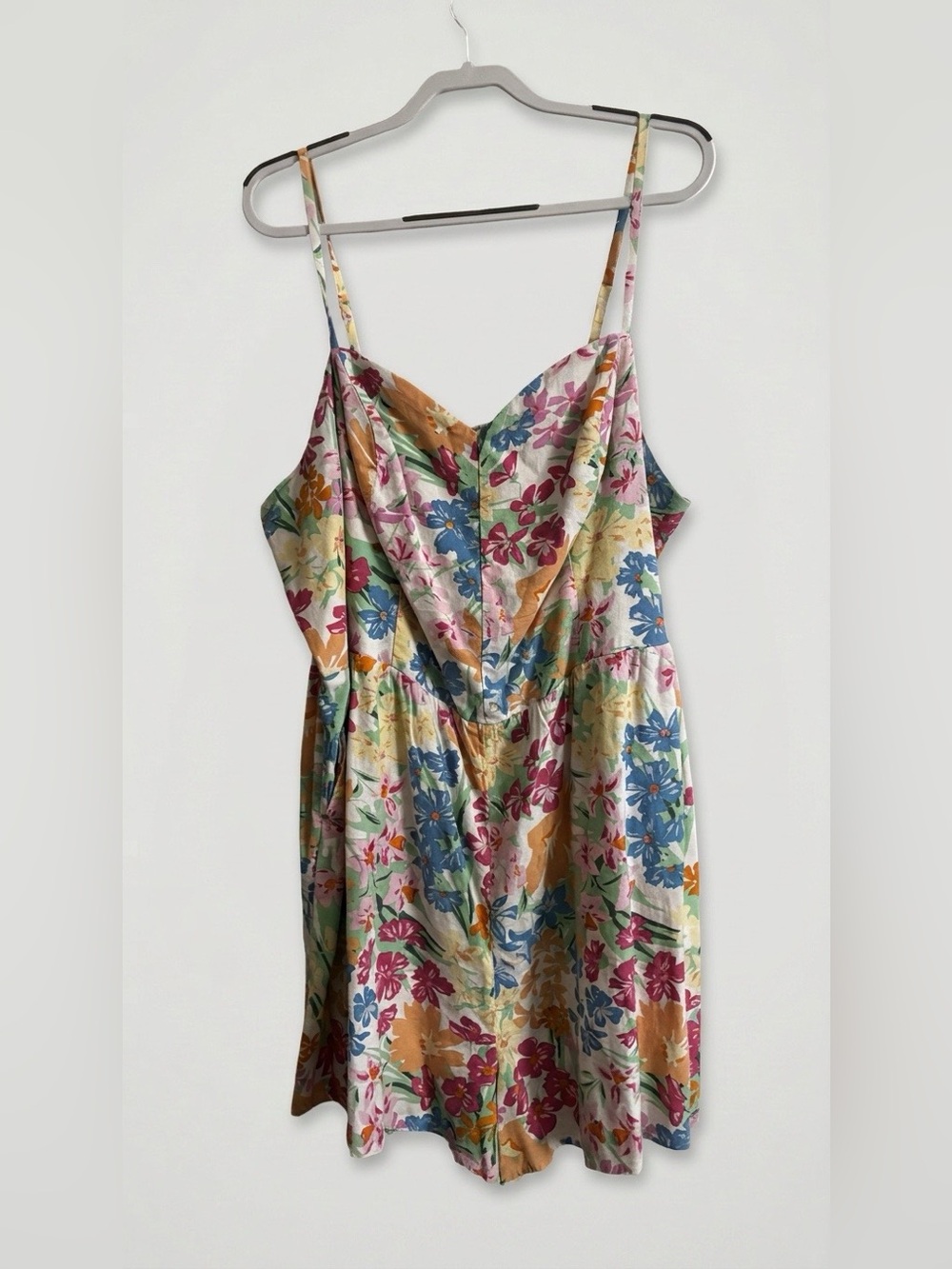 Old Navy Floral Smocked Linen Romper in Pink, Blue & Orange